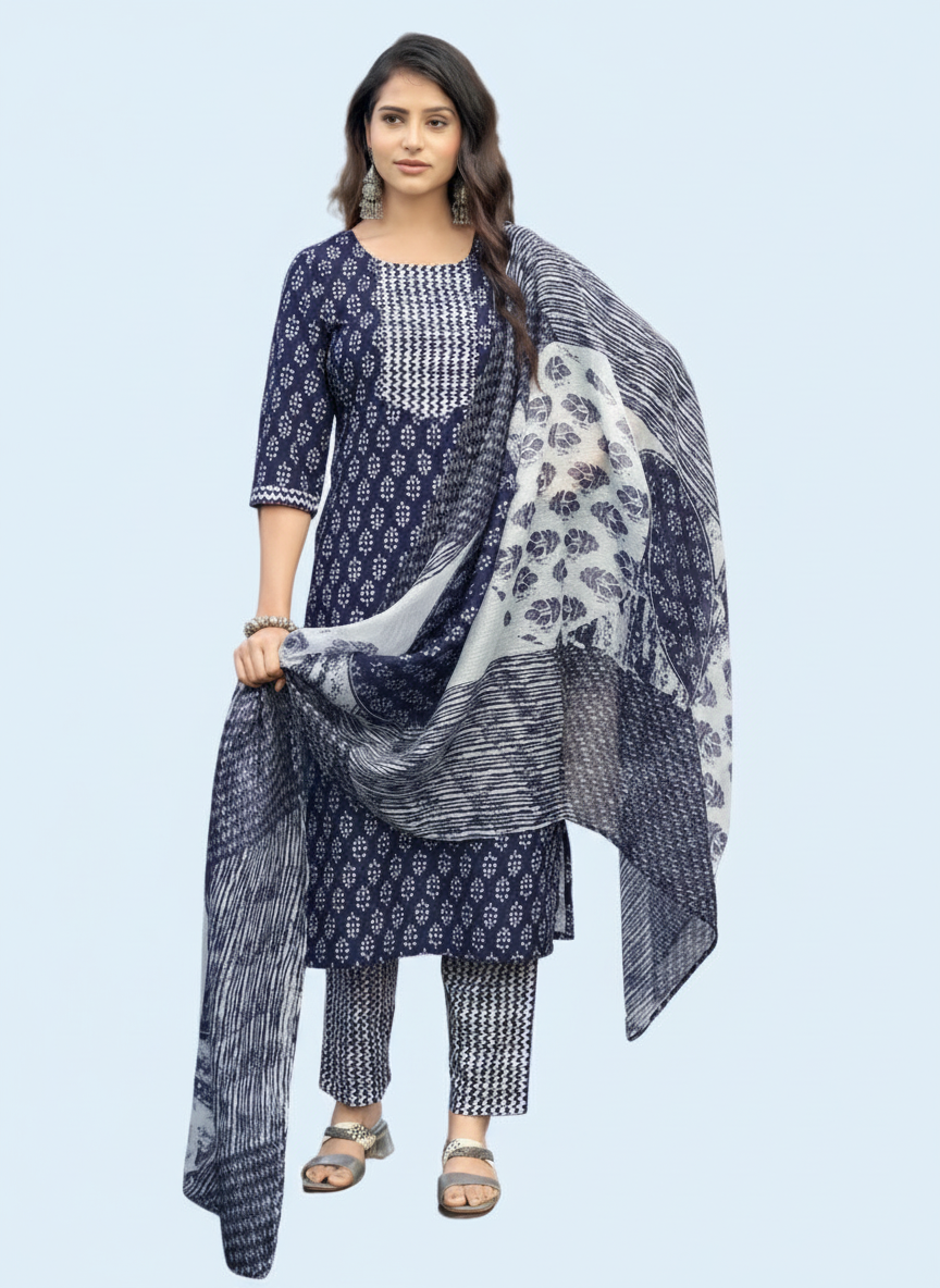 Woman wearing a navy blue and white patterned outfit with a matching dupatta on a light gray background