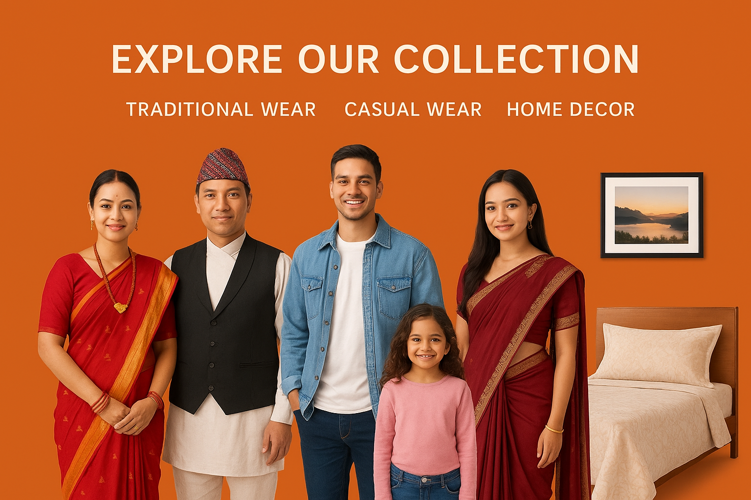 Family of four posing in front of an orange wall with text 'Explore Our Collection' and images of traditional wear, casual wear, and home decor.