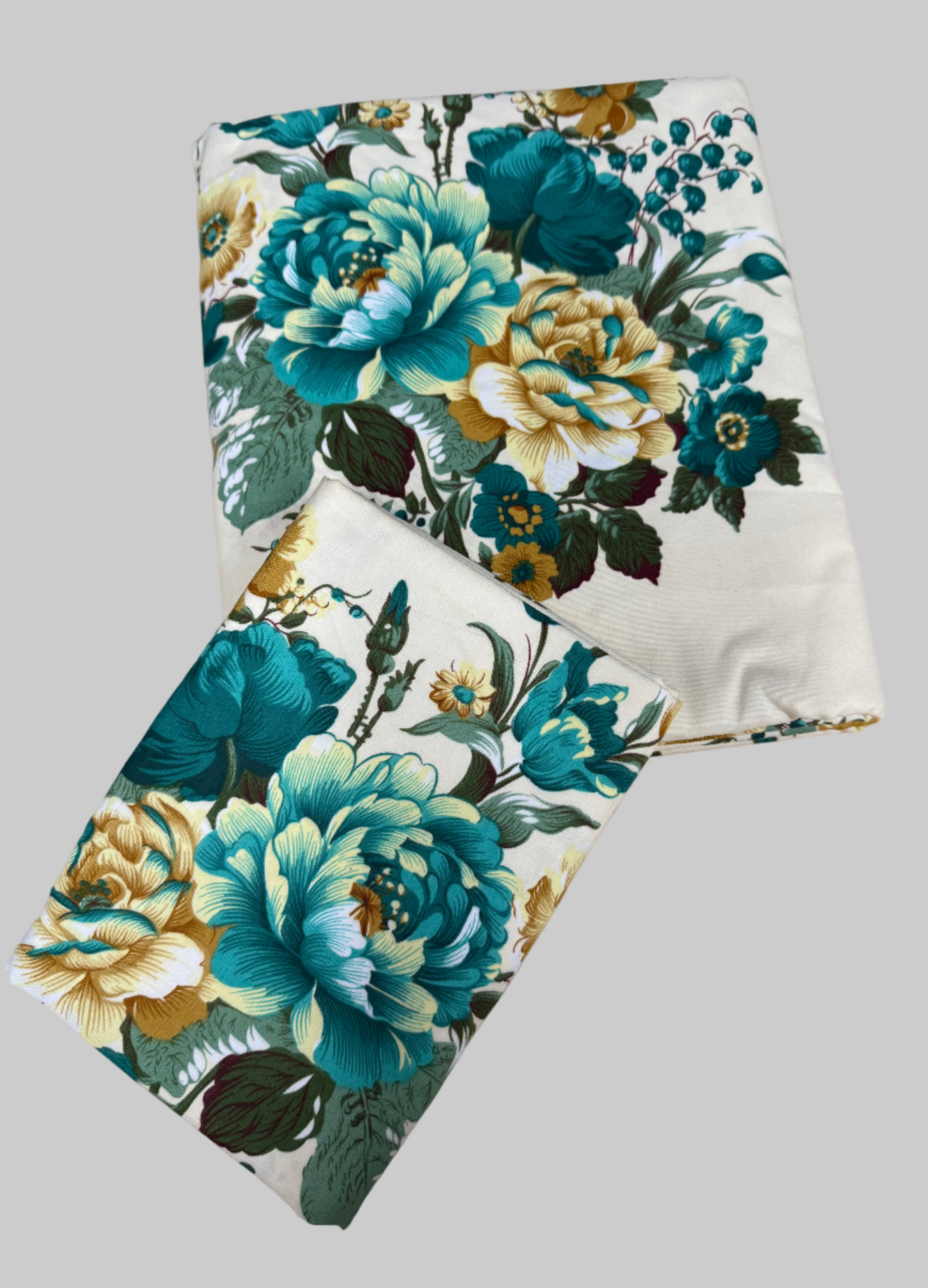 Floral-patterned fabric on a wooden surface