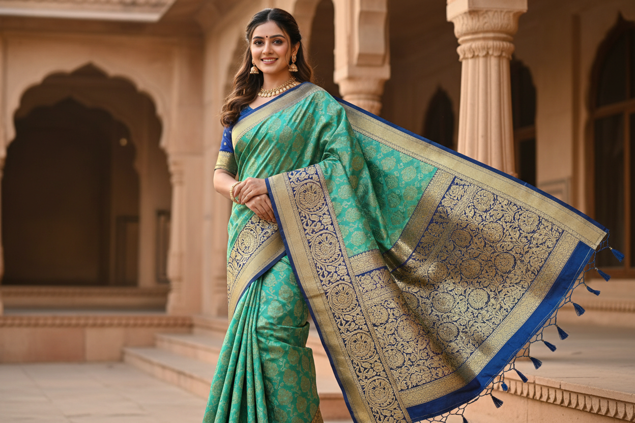 a girl wearing aqua green with golden motifs saree and border is dark blue with rich gold zari weaving